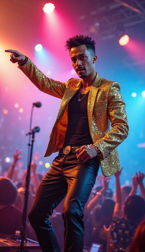 Create a dynamic, high-energy portrait of Bruno Mars performing on stage. Capture his signature retro style: slim-fit sequined jacket (gold or vibrant color), sharp haircut, mustache, and goatee. Pose him mid-dance move (e.g., jumping, spinning, or pointin...