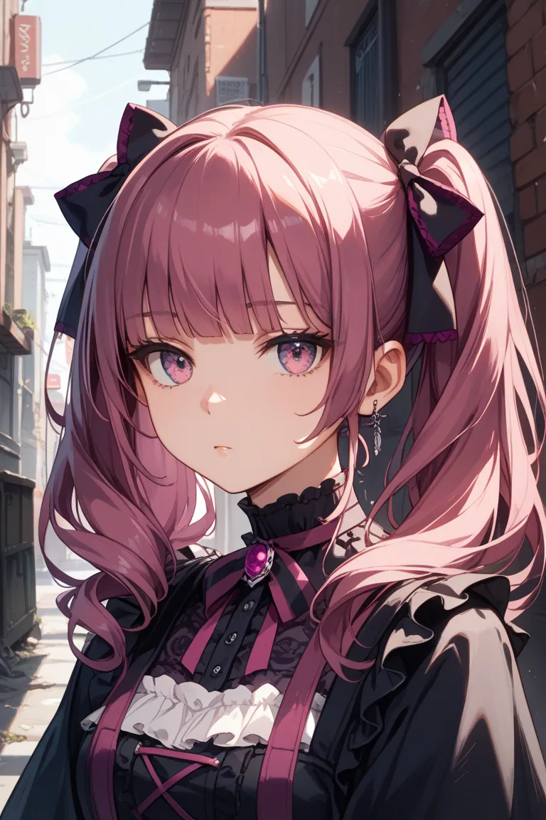 The hair is magenta half twin tails。 The length of the hair is about to hang on the shoulders。Eyes are also magenta。elementary school girls。Clothes hide all skin、long-sleeved magenta gothic lolita。They are expressionless and have cold eyes。The background i...