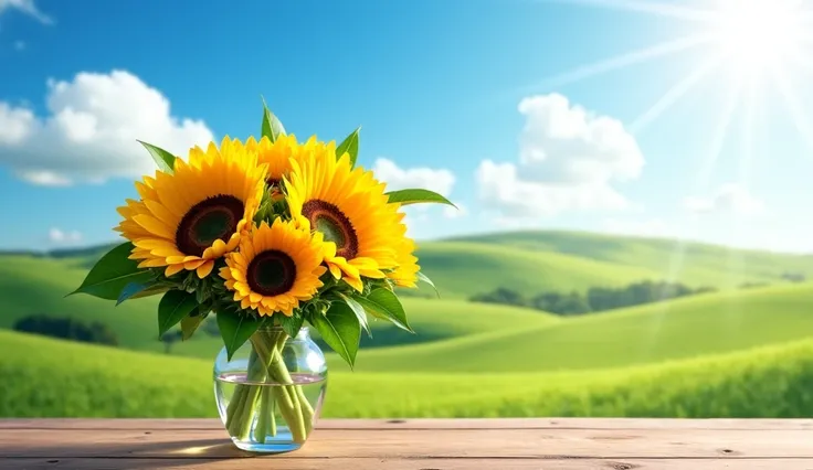 8k. 4k. "A realistic sunflower bouquet arranged in a single vase, placed on a wooden table. The background features a breathtaking landscape with rolling green hills, a bright blue sky, and fluffy white clouds. Sunlight enhances the vibrant yellow petals a...