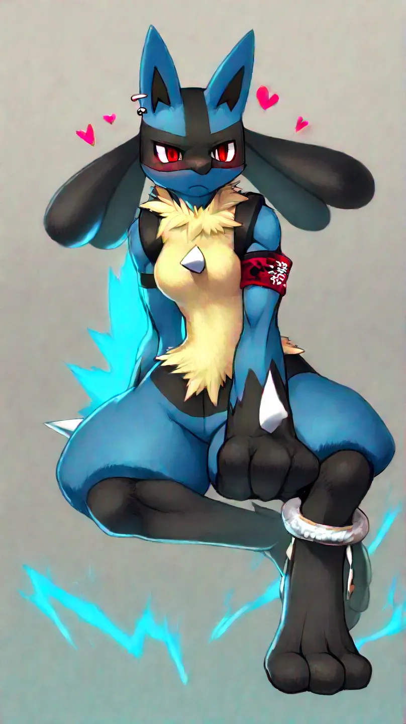 female anthropomorphic Lucario, 180 cm tall , slim body with curves and exaggerated proportions: Bust (55 inches), waist ( 16 inch ),  hips (66 inches ) y  thighs gruesos (40 inches). All her body is covered with soft and fluffy navy blue fur, with distinc...