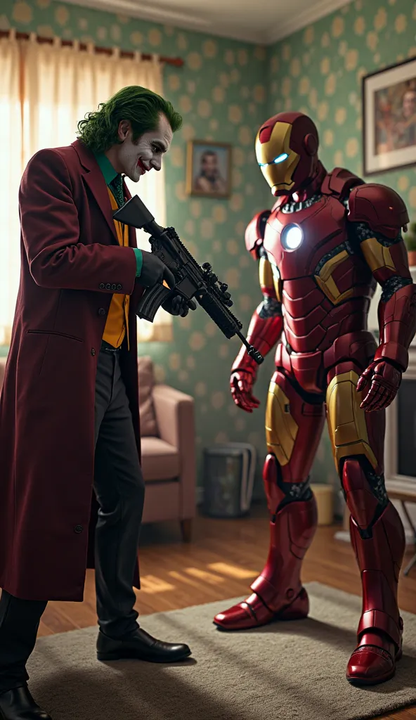 joker with an ar 15 pointing it at iron man in a house