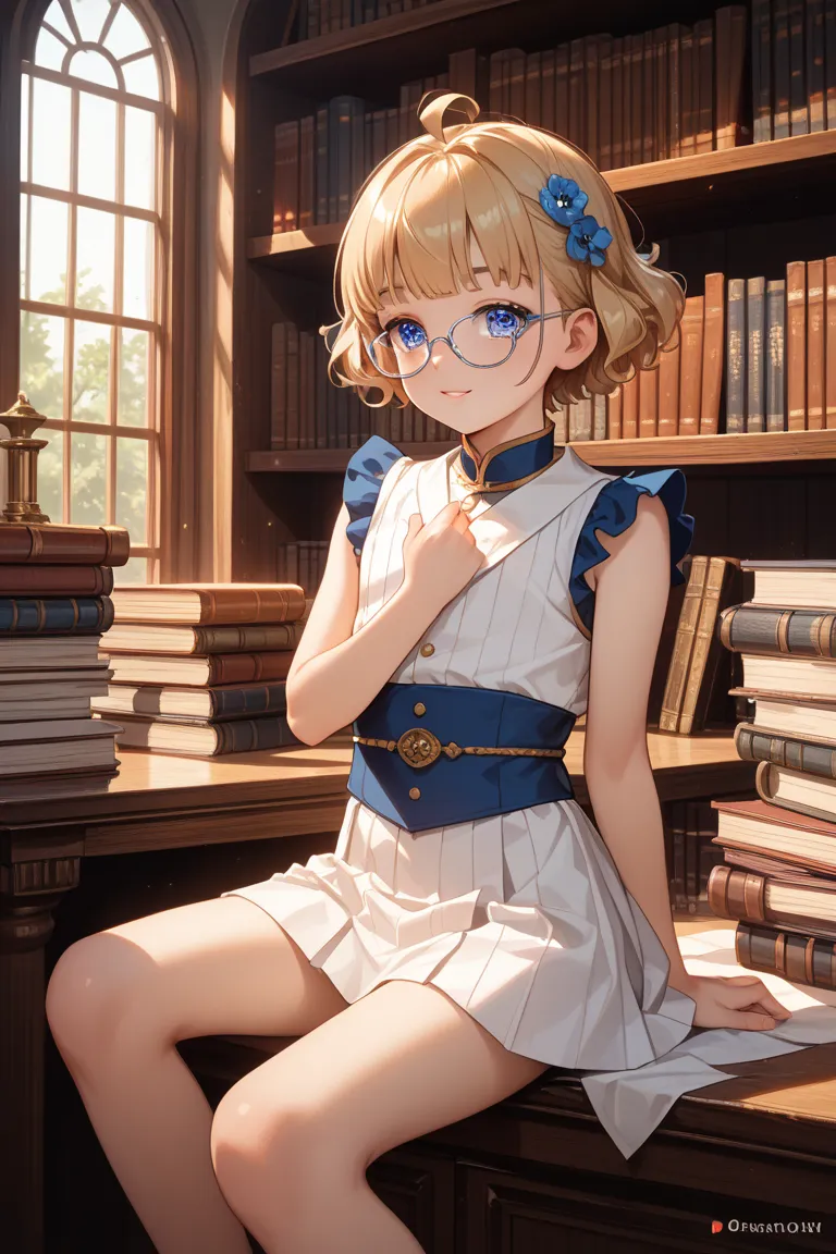 1boys, male forcus,solo,otoko no ko,shota,androgynous features,

A refined otokonoko librarian in a classic blue and white outfit, adjusting his silver-rimmed glasses as he flips through an ancient tome. He sits in a grand library surrounded by towering bo...