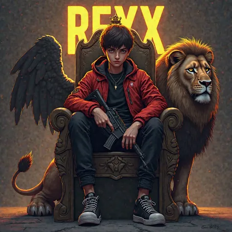 Create a  anime 
3d illustration for a profile picture where a boy handsome scary in a black red jacket sitting casually on a King of Beasts Throne chair. With a rifle on hand . And a ferocious Lion by my side. Wearing sneakers, she looks ahead. The backgr...