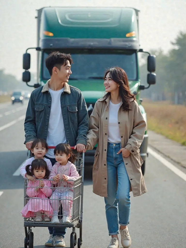 Beautiful and handsome Korean lovers wear casual clothes, smiles, was pushing a trolley, In the cart were four s crying., in front of the trolley was a big truck, highway background,  very high resolution and bright color .