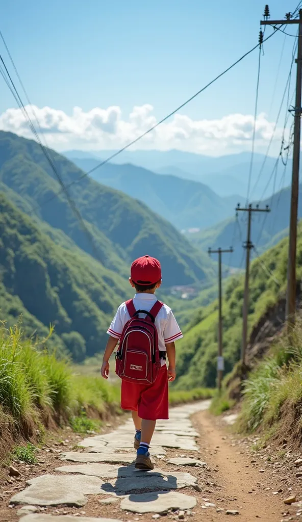 A primary school boy dressed in a red and white uniform complete with hat and bag, walking on the rocky, uphill streets of the mountainous terrain. The background is a beautiful view of green hills and lush terraced rice fields.  Cloudless bright blue sky ...