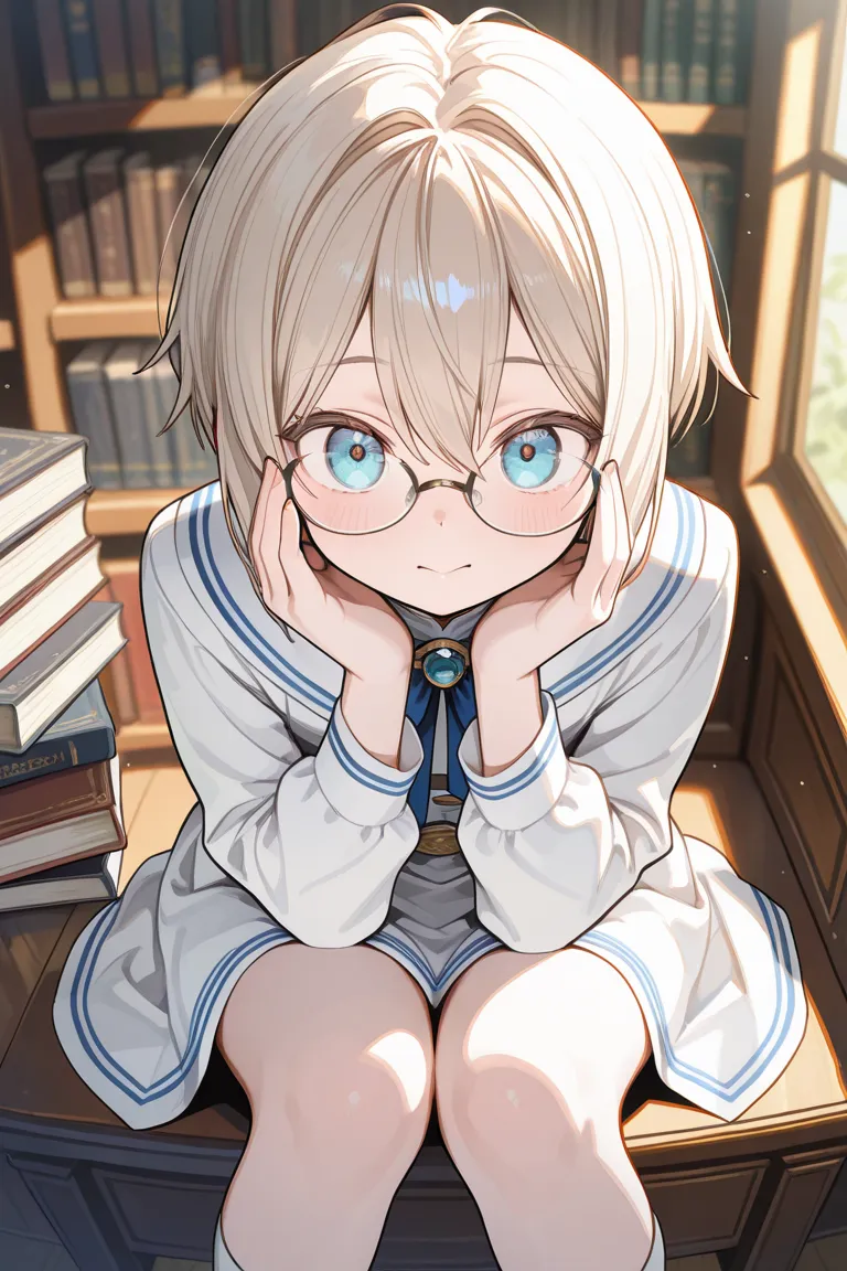 1boys, male forcus,solo,otoko no ko,shota,androgynous features,

A refined otokonoko librarian in a classic blue and white outfit, adjusting his silver-rimmed glasses as he flips through an ancient tome. He sits in a grand library surrounded by towering bo...