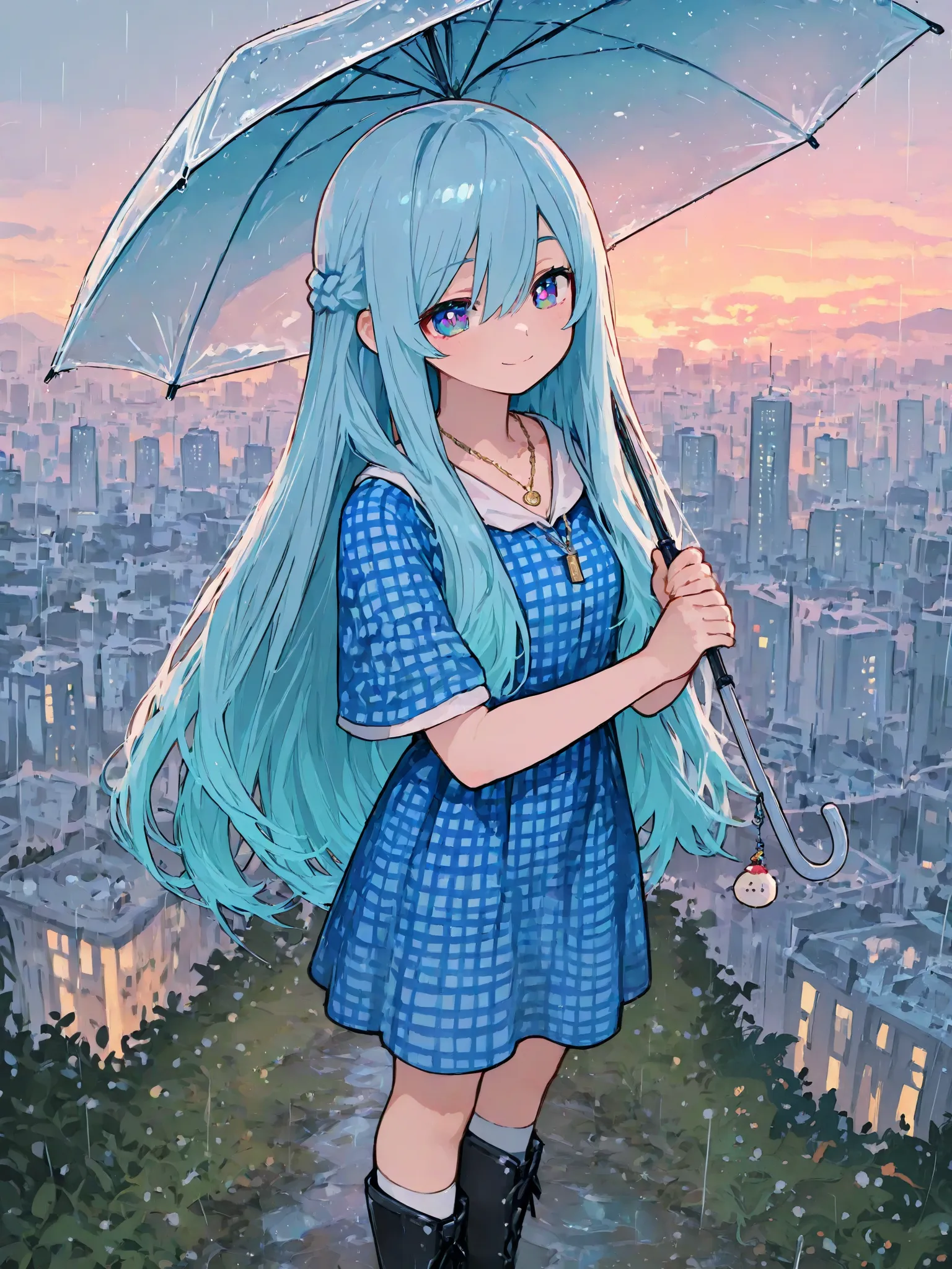 score_9, score_8_up, score_7_up, UHD, Masterpiece, From above, City background with lots of nature, okmc, (Shoulder-length hair: 1.8), Half-up French braid hair, Blue gradient hair, Transparent Rainbow Umbrella, Girl holding an umbrella, Necklace with rice...