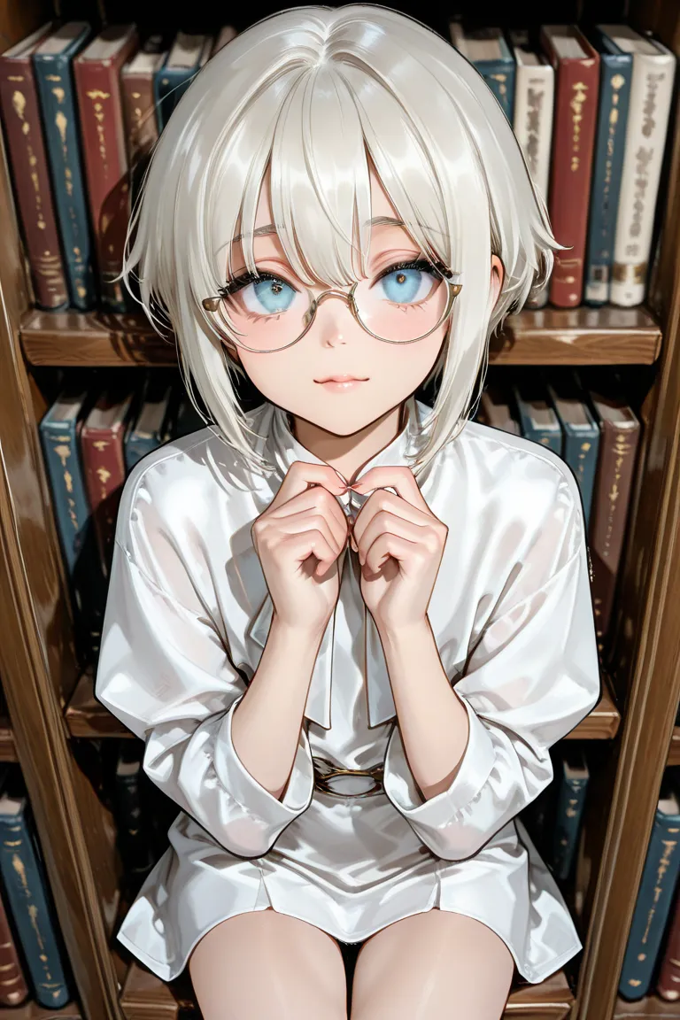 1boys, male forcus,solo,otoko no ko,shota,androgynous features,

A refined otokonoko librarian in a classic blue and white outfit, adjusting his silver-rimmed glasses as he flips through an ancient tome. He sits in a grand library surrounded by towering bo...