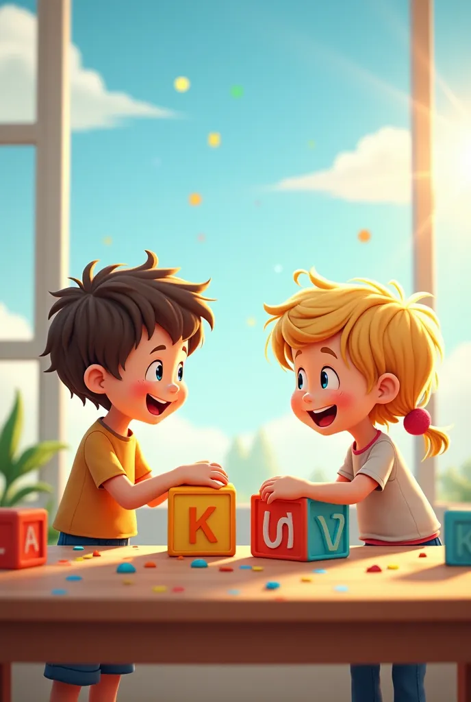 boy and a girl playing with abc letters big blocks on a table in a classroom and full sky bright view
