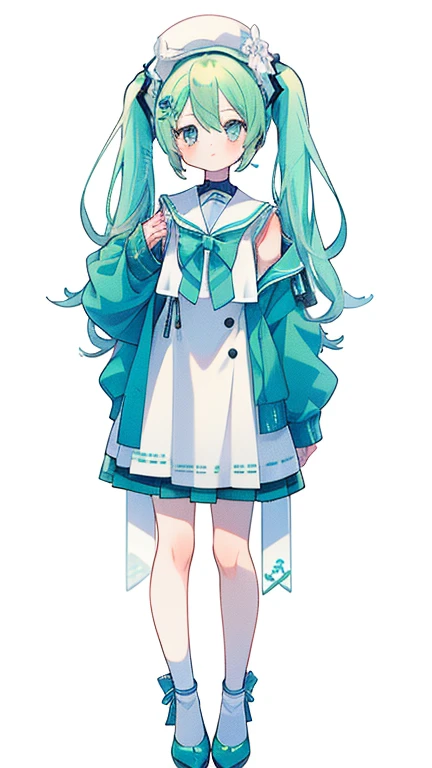 (straight-on),full body,((white background)),standing,a girl,white hair,aqua_hair,aqua_eyes,blue_eyes, hair between eyes, hair over shoulder, snowflake hair ornament, best quality, highres,( long_hair),white_skirt,blue_bowtie,white_sailor_dress,white_socks...