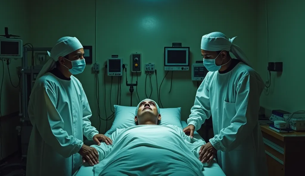 A surreal depiction of the narco test being administered to Father Thomas Kottoor, Sister Sephy, and Father Jose Puthrakkayil. The room is dimly lit, with medical equipment and recording devices in the background.