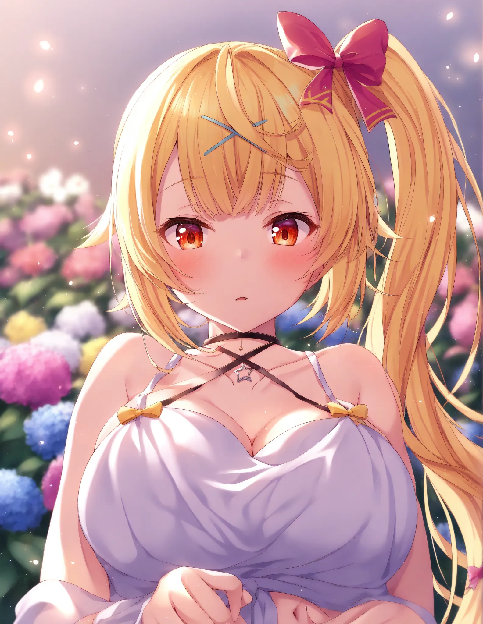 portrait, 1 woman,  masturbate,
hskwsr,  stars,  Nijisanji, Komeshirokasu  ,
very long hair, blonde hair, side ponytail, bungs, hair bow,stupid hair, x Hair Ornament, Erimi Mushibami, Red Eyes, orange eyes, big breasts,
uniform,   front knot top , rip bare...