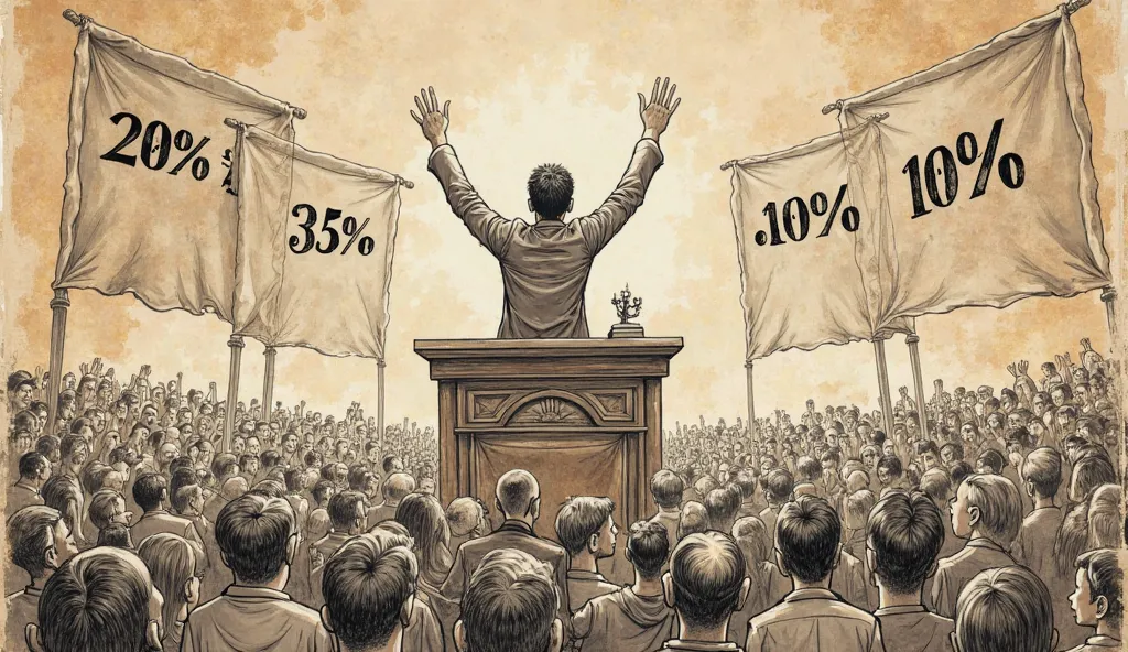 "A highly detailed sketch of a politician standing on a grand podium, raising his hands as he presents large banners showing manipulated statistics. The crowd below cheers blindly, their faces drawn with less detail, symbolizing their lack of independent t...