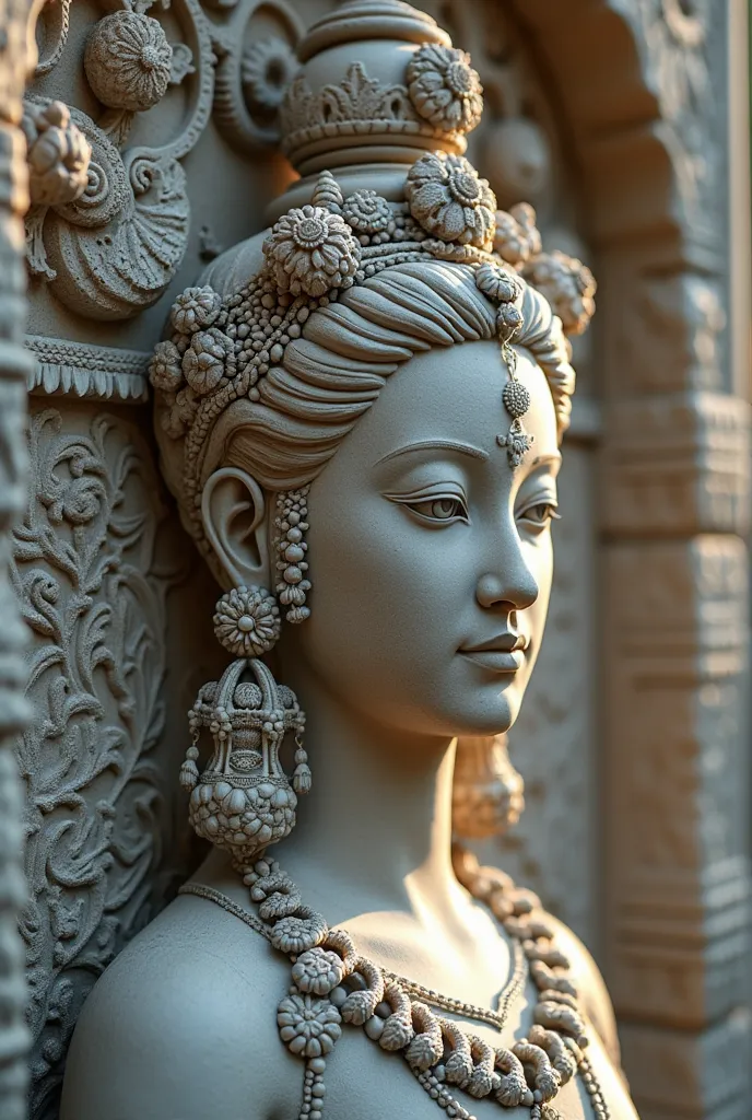 "Create a serene scene featuring a close-up of an intricately carved stone relief depicting an elegant figure with a serene expression. The figure has elaborate jewelry and a headdress adorned with floral motifs, showcasing traditional artistry. Surroundin...