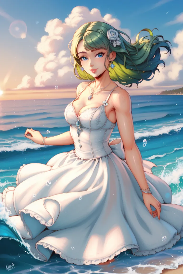 a woman floating in the ocean, beautiful woman, blue eyes, green hair, fair skin, white dress floating, serene expression, dreamy look, Seascape, infinite blue ocean, soft golden light , reflections in water, white foam from the waves, cloudy sky , quiet a...