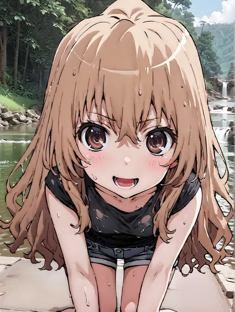 score_9, score_8_up, score_7_up, source_anime,
Taigaisaka, Aisaka Taiga,Alone, long hair, brown hair, brown eyes,ponytail,smile,open your mouth,plain black t-shirt,belly button sticking,Tie the hem of the shirt,denim micro shorts,Bare legs,wet skin,wet ha...