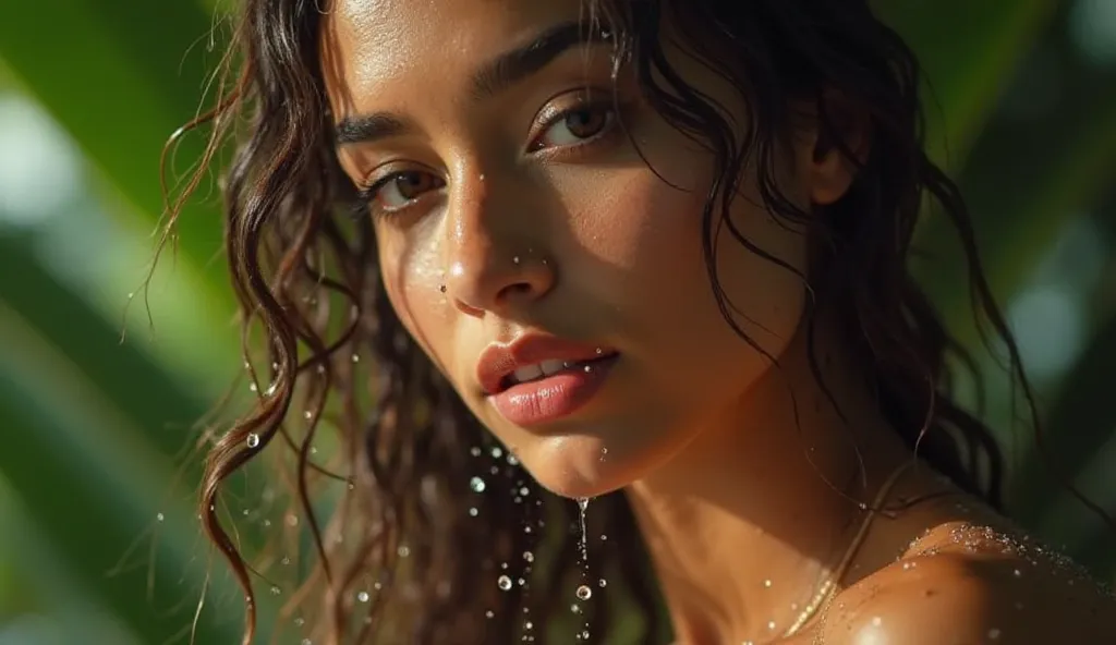 A mesmerizing slow-motion close-up of Naina’s face as crystal-clear water droplets gently fall onto her skin. Her eyes are half-closed, lips slightly parted, and a serene expression fills her face. The soft glow of sunlight reflects on the droplets, making...