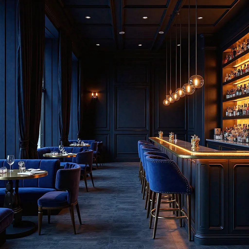 realistic photo, best quality, no humans,  A luxurious bar unfolds with a seamless blend of elegance and intimacy. Along the left side, a row of private booths wrapped in deep sapphire blue velvet stretches gracefully, each framed by midnight blue drapes t...