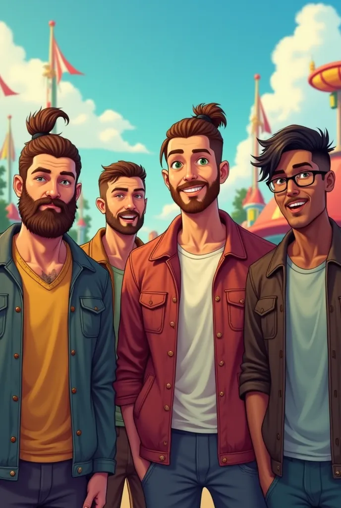 4 male friends in an amusement park that can be seen in the background.
Characteristics of friends:
Friend 1:  neither too thin nor too fat ; with ponytail; cropped beard; Tan skin due to the sun; Brown hair: hair with a gradient on the sides
Friend 2: wit...