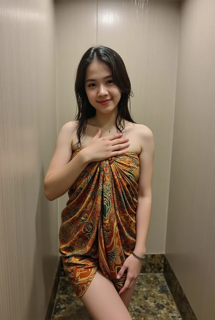 cute indonesian fourteen yo girl, wet hair, wearing sarong, upper body, bathing under the shower, selfie in the bathroom, Look at the viewer, wide angle full body shot,