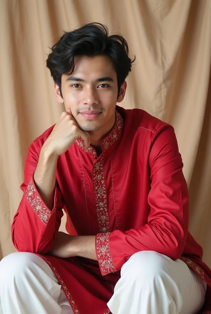 An 18-year-old tall age boy with an average body figure, normal BMI, and a face combining oval and square shapes with an angular jaw and normal length with wavy, slightly messy black hair, wearing a traditional red kurta with intricate embroidery and small...