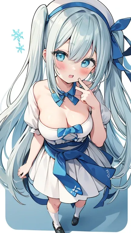 naked、naked体、 small tits、 lolicon、(straight-on),full body,((white background)),standing,A girl,white hair,aqua_hair,aqua_eyes,blue_eyes, hair between eyes, hair over shoulder, snowflake hair ornament, best quality, highres,(  long_hair),white_skirt,blue_bo...