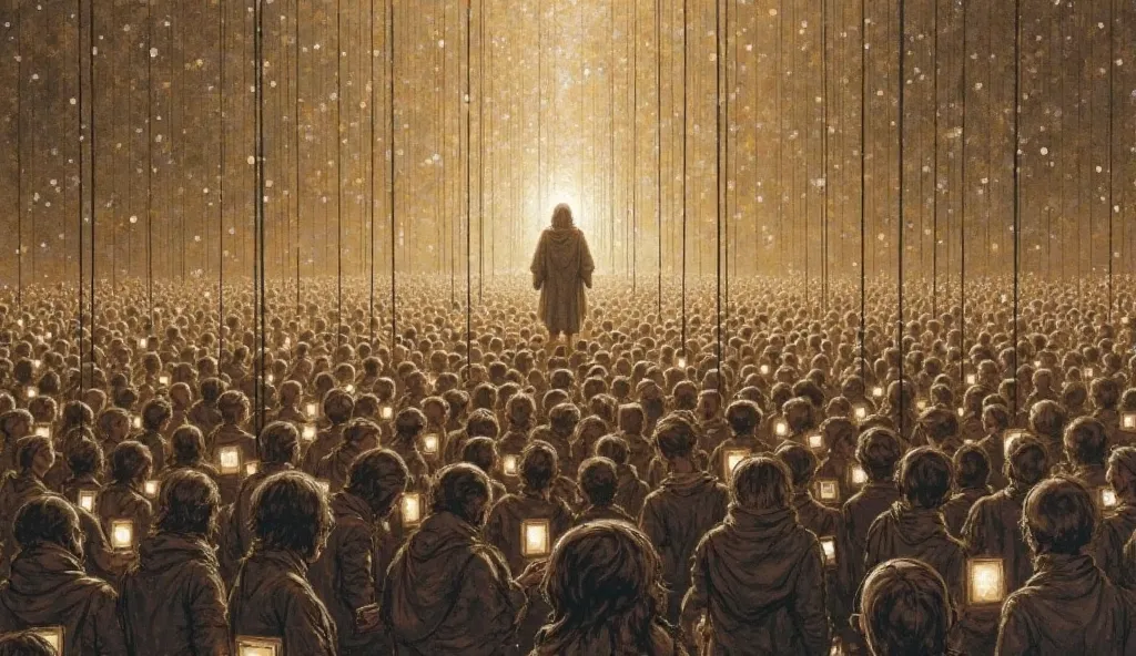 "A Renaissance-style sketch depicting a massive crowd with glowing screens instead of faces, all connected by invisible strings leading to a shadowy figure above. The intricate shading and fine anatomical details resemble Leonardo da Vinci’s manuscript dra...