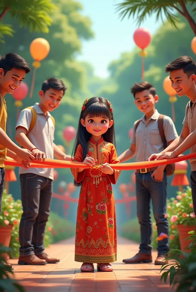 Photo of an Indonesian girl again cutting the ribbon in the party of 4 guys background in the park 