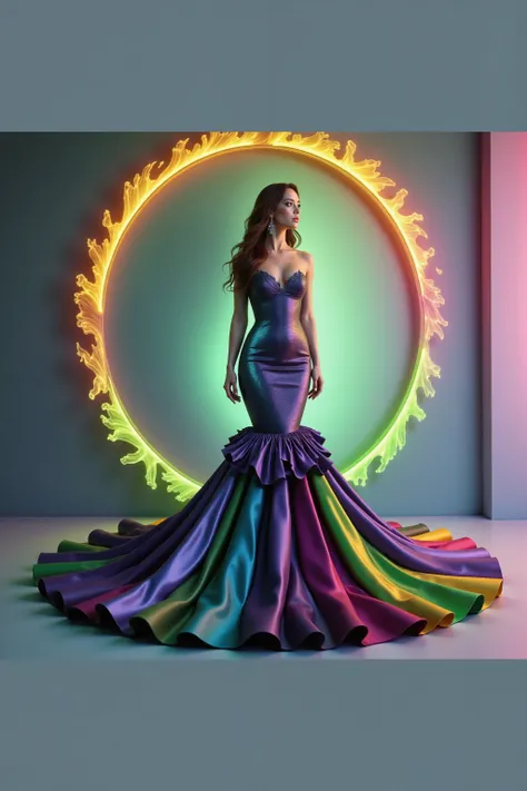 The circles in the background need to be thicker and a darker, more rich, vibrant neon color mix. Switch the colors of the dress to some lighter ones. Put big rippled ridges at the end of the gown. Make her mermaid gown look more like thick shag carpet and...
