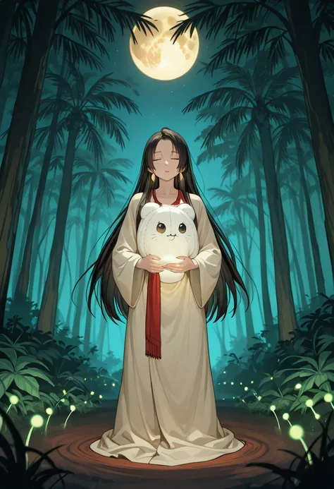 A female wearing a traditional Indonesian robe, in a trance, levitating exactly 1 meter above the ground. She was holding a white giant plush toy. The setting is midnight under a full moon, illuminating her figure with a soft silvery glow. The background i...