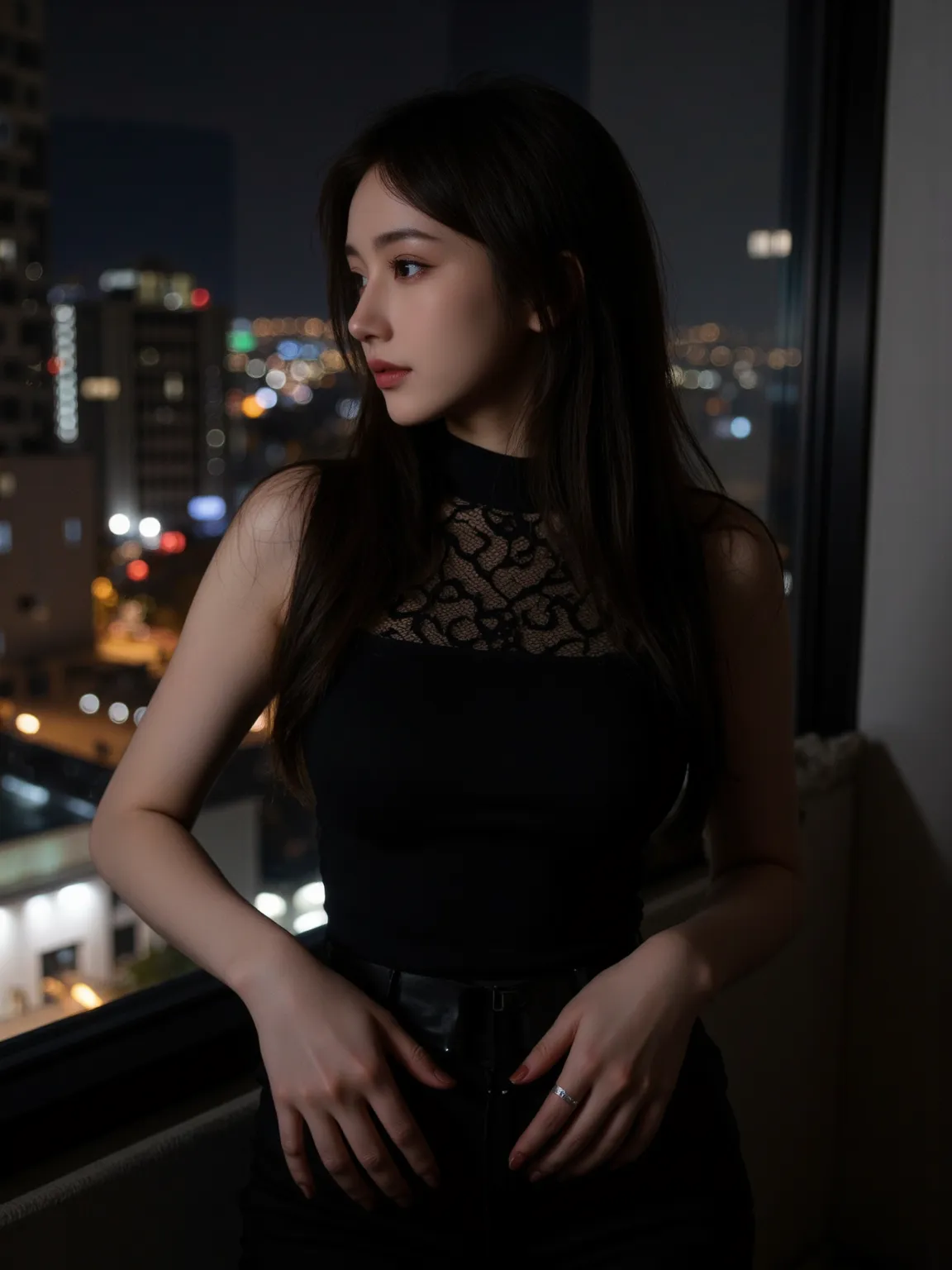  film photography ， Full Body Portrait ，Vision，simulates the color and grain of Kodak film， fashion magazine shooting ，Black lace tight-fitting vest，Modern and simple interior design，Looking out of the window，Black Style，night，Bustling window view high in ...