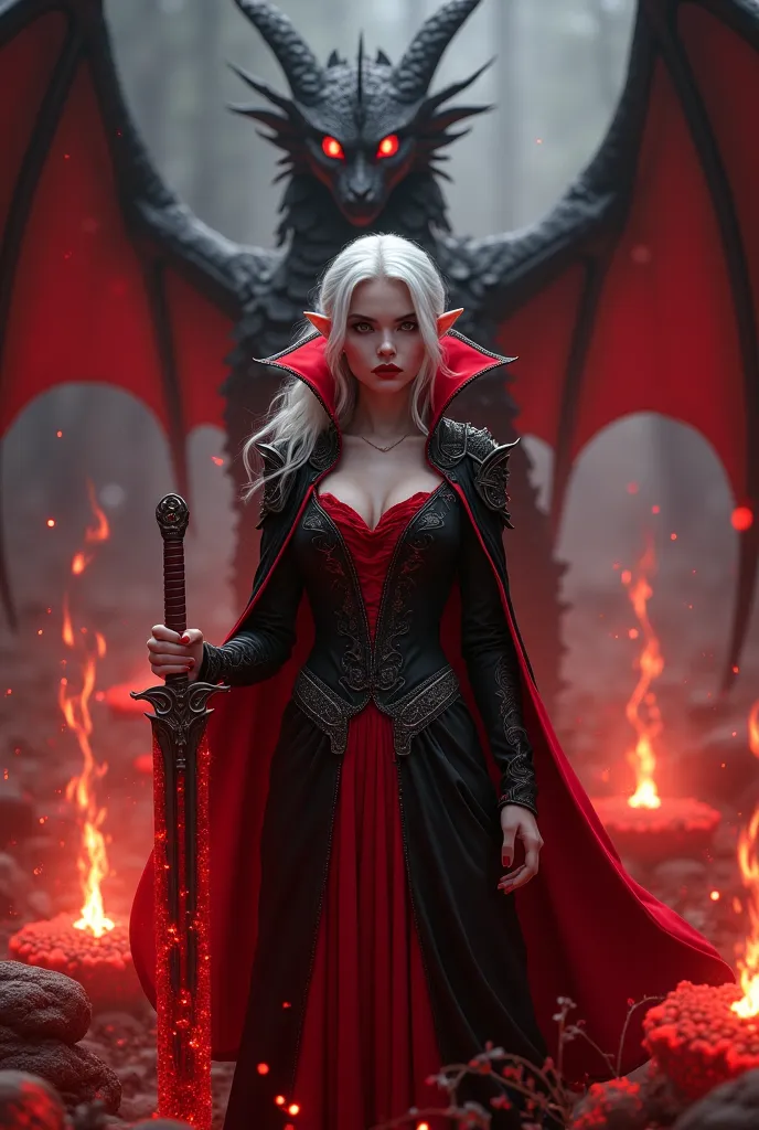 scarlett , snow-white hair, scarlet eyes, vampire girl, sexy body, skin is smooth and beautiful, lips narrow and tender and painted red, long eyelashes, elven ears,clothes of luxurious splendor, blade in hand , the blade is covered in red flame, is among t...