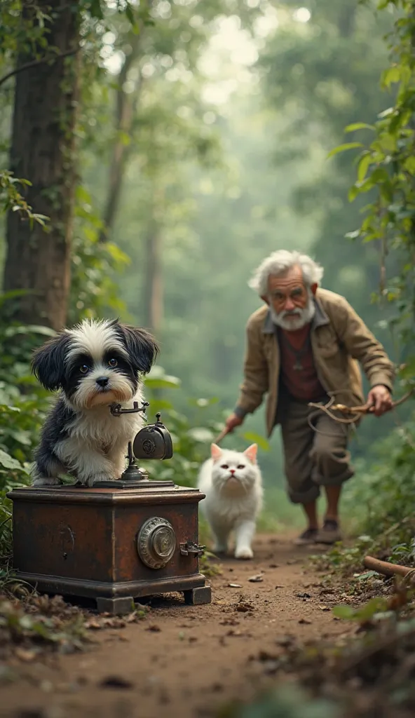 An ultra cinematic 8k scene of a small cute black and white dog calling by telephone and behind a old man catch a white cat with net and going back in jungle way