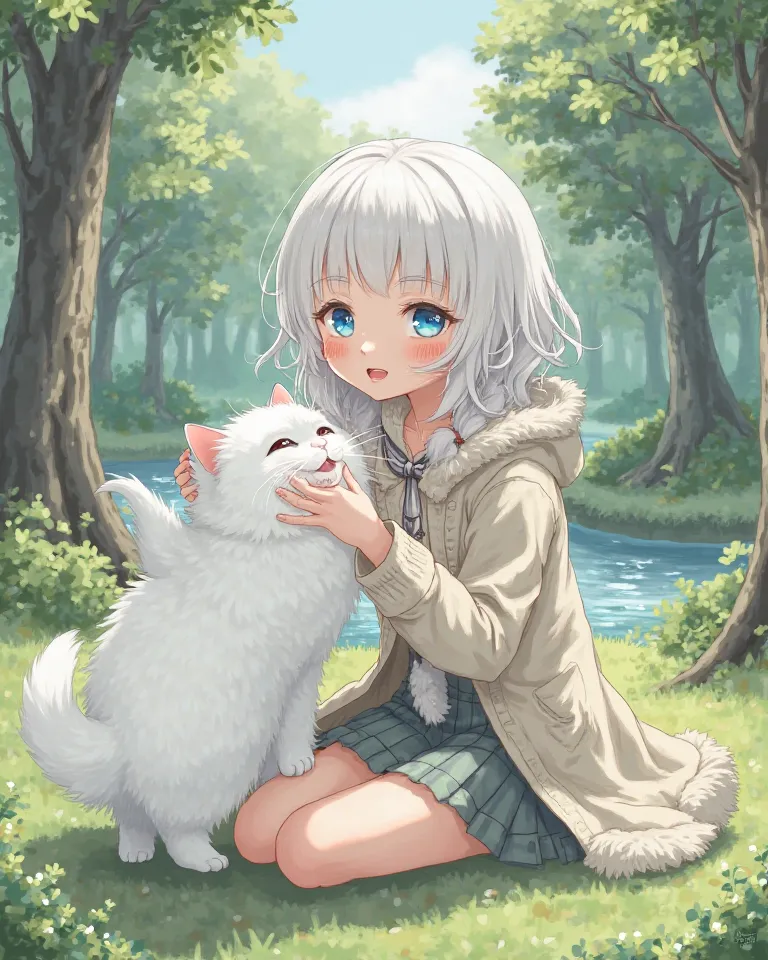 A , white hair and blue eyes, with a fluffy white cat, they are playing together. they are at a park. aesthetic place and clothes. make the image like a drawing type 