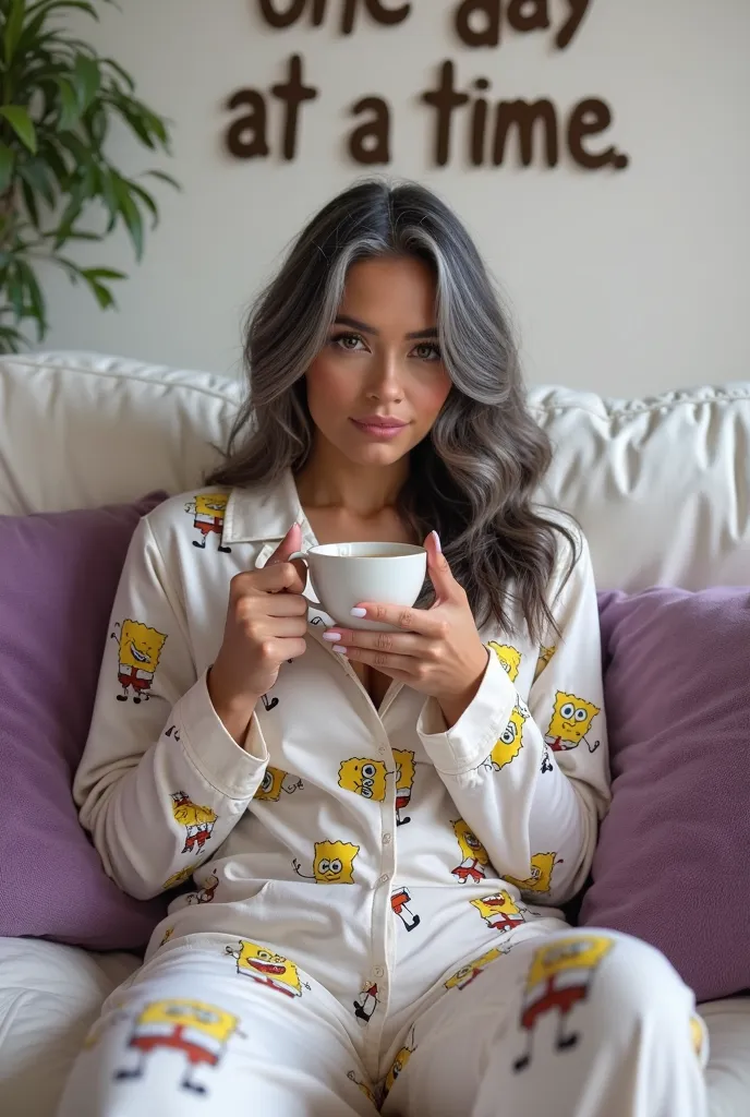 Image of beautiful woman, fair skin,in sexy pajamas, with SpongeBob print, dark hair, with part of the front of your hair with gray hair, sitting on a comfortable white sofa with purple and pink cushions, you can read on the wall the text (("One day at a t...