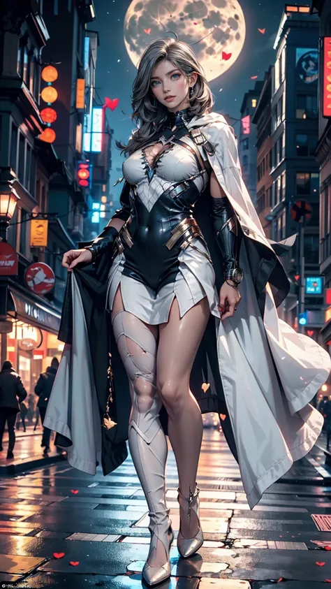 (masterpiece,  4K resolution , super realistic, Elaborate), ( superhero in white costume , Charisma, A girl is on the street , wearing a white Spider-Man costume,  superheroine with a broken heart), [(( 23 years old), (Long Gray Hair:1.2), full body, (blue...