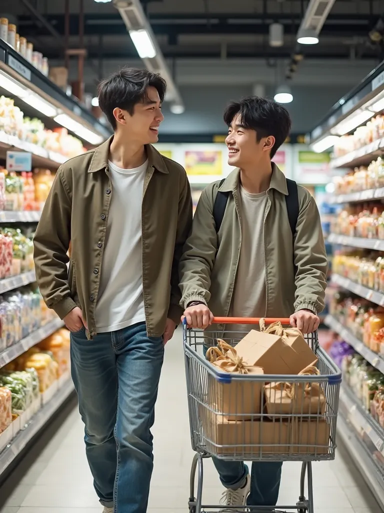 Beautiful and handsome Korean lovers wear casual clothes, smiles, was pushing a trolley, in the cart there are 4 s, next to them there are many shelves of food, supermarket background,  very high resolution and bright color .