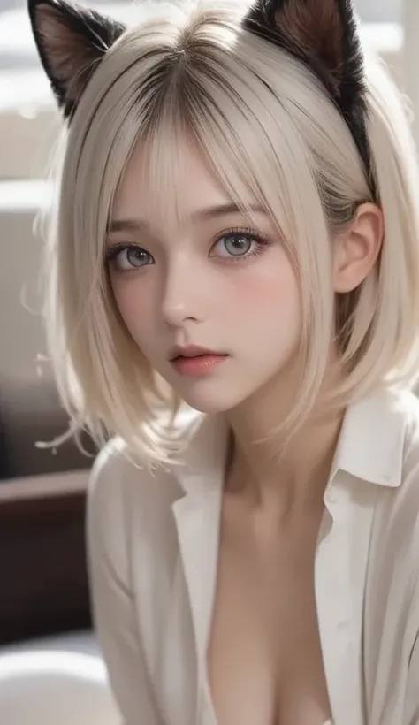  Beautiful girl in School uniform, (White hair:1.2), Cat ears, Delicate red eyes, blush, (English sound effects:1.7), (Steaming :1.3), morning classroom, 