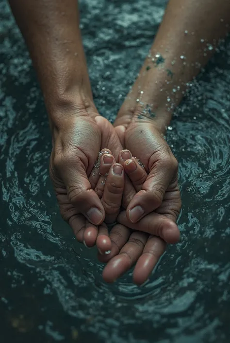 create a close up hand holding a hand in a river while drowning. the drowning hand should be inside the water