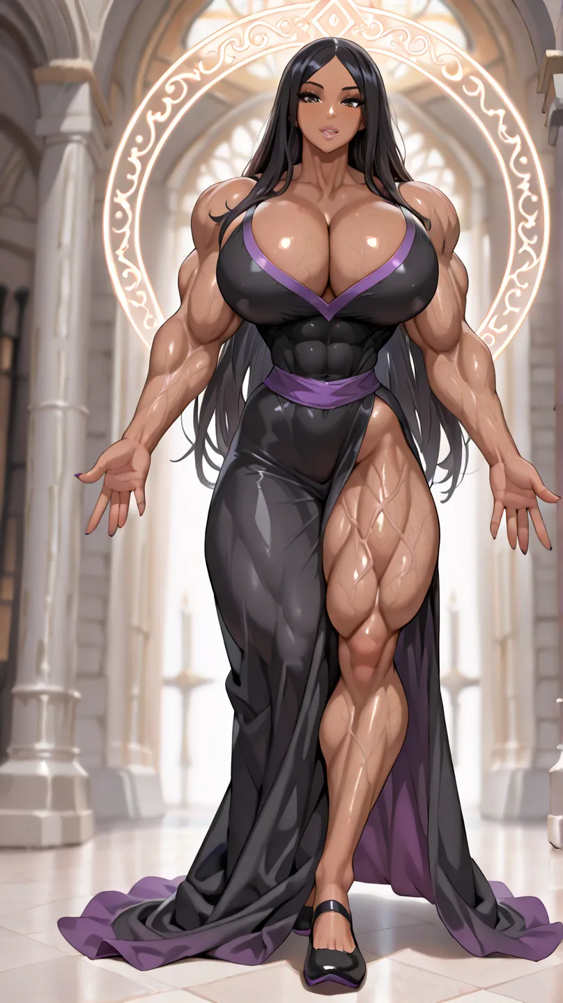 ((((Full body view)))), (masterpiece), ( best quality) ( muscular: 1.6),  , (veiny vascular body: 1.8), she is very muscular and beautiful, massive bulging musculature, she wears ((long magical sorceress robes)), she flexes her mighty muscles, ((beautiful ...