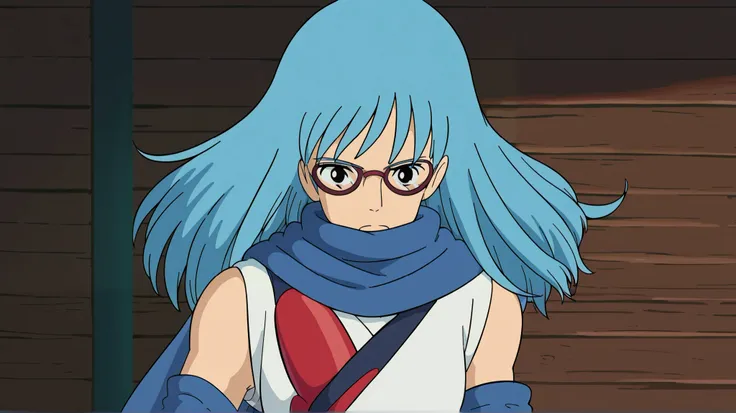 Ghibli_style, score_9, score_8_up, score_7_up, BREAK, 1girl, solo, ayamesarutobi, glasses, white kimono, blue scarf, detached sleeves, red sash,, upper bdoy, standing, front shot, street,