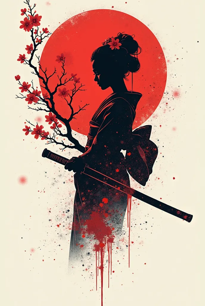 Sakura branch tattoo sketch in black and red and Black geisha silhouette with a minimalist saber with lots of small details