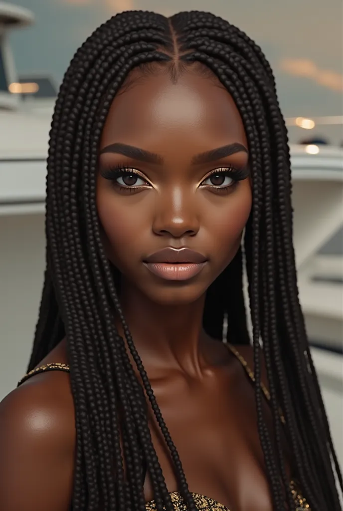 23 year old woman, full body, brown eyes, arched eyebrows, dark skin, eyeliner, big eyelashes, hair with many African braids, short hair to shoulders, thin face.

Background: yacht