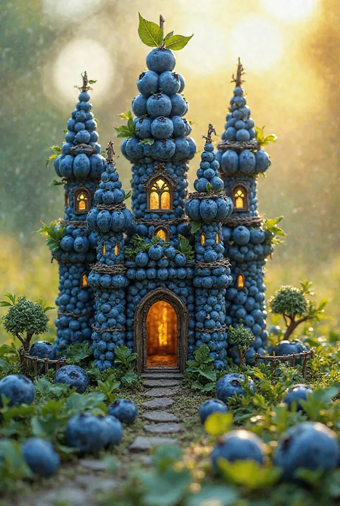 In a lush, green meadow, a team of tiny workers—no taller than a blueberry—has successfully built a magnificent blueberry palace. The structure is crafted entirely from plump, deep-blue berries, stacked seamlessly to form grand walls. The palace features e...