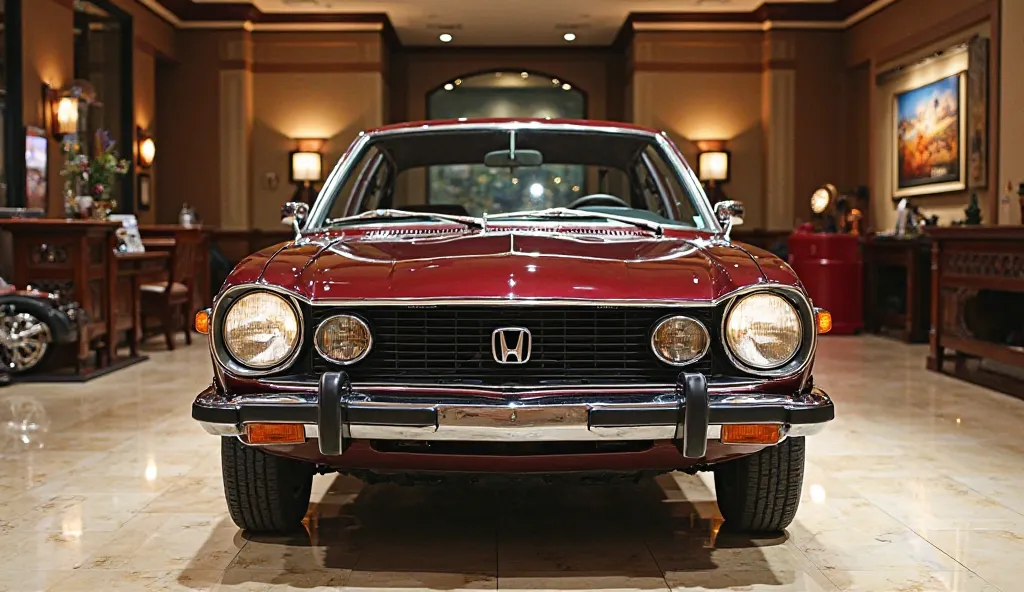 Generate Show the front part full 1975 Honda Civic
Maroon color  Fancy showroom 