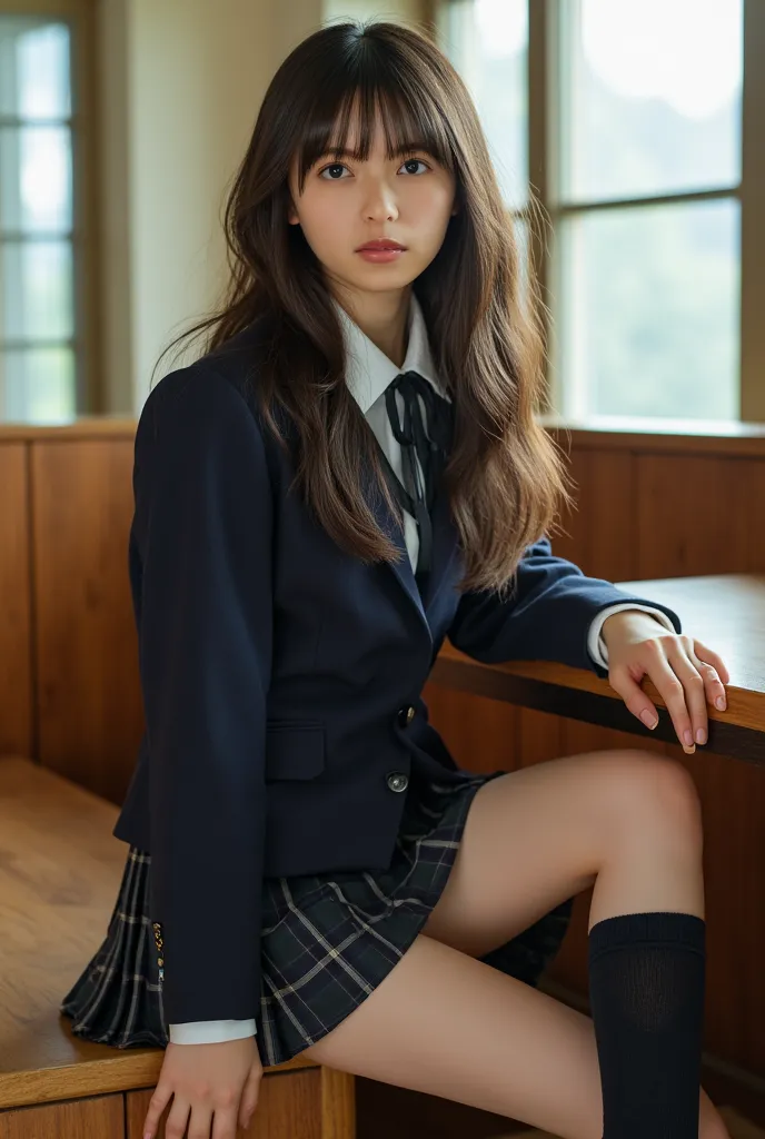 high school girl full body、model、gym sitting,high quality,portrait,realistic,High Quality,4K,details,real,Bokeh,natural expression,Lively,gym sittingをする,Hand and foot movement,In uniform,Skirt,blazer,tie, socks,Hairstyle, feminine ,soft atmosphere,natural ...