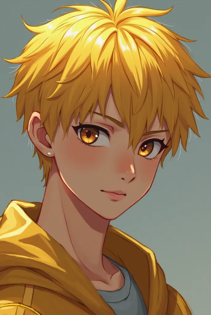 Can you give me the image of an 18-year-old boy with short hair painted yellow in addition to having an upturned butt not so big and a medium nose, medium lips, medium eyes and slightly marked mandibles and that the person is realistic and has a little bro...