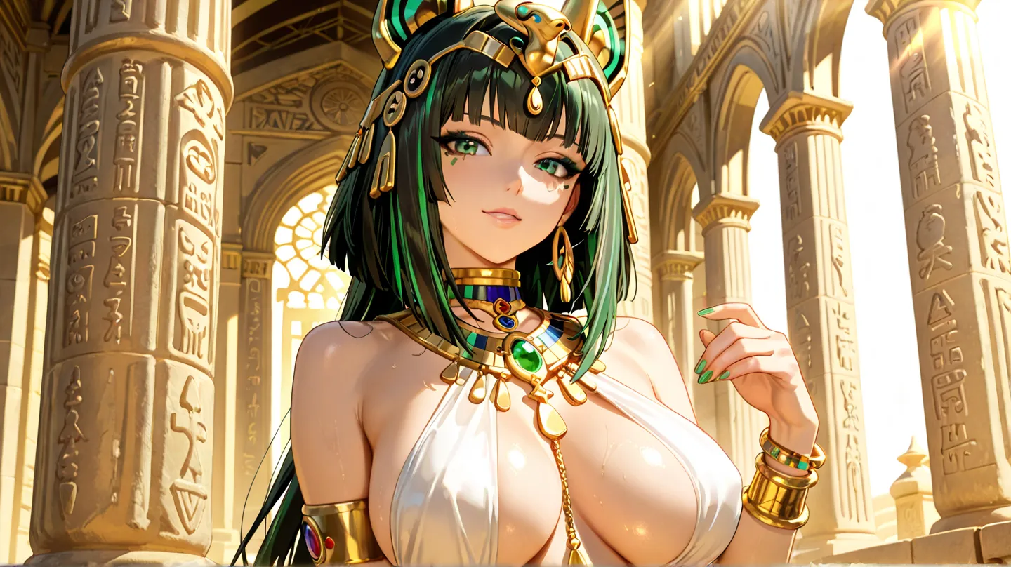 A stunningly beautiful Egyptian woman in an intricate, high-quality anime style. She has radiant, flawless skin and hypnotic emerald-green eyes, enhanced by bold kohl eyeliner. Her long, silky black hair with emerald-green highlights cascades elegantly, ad...