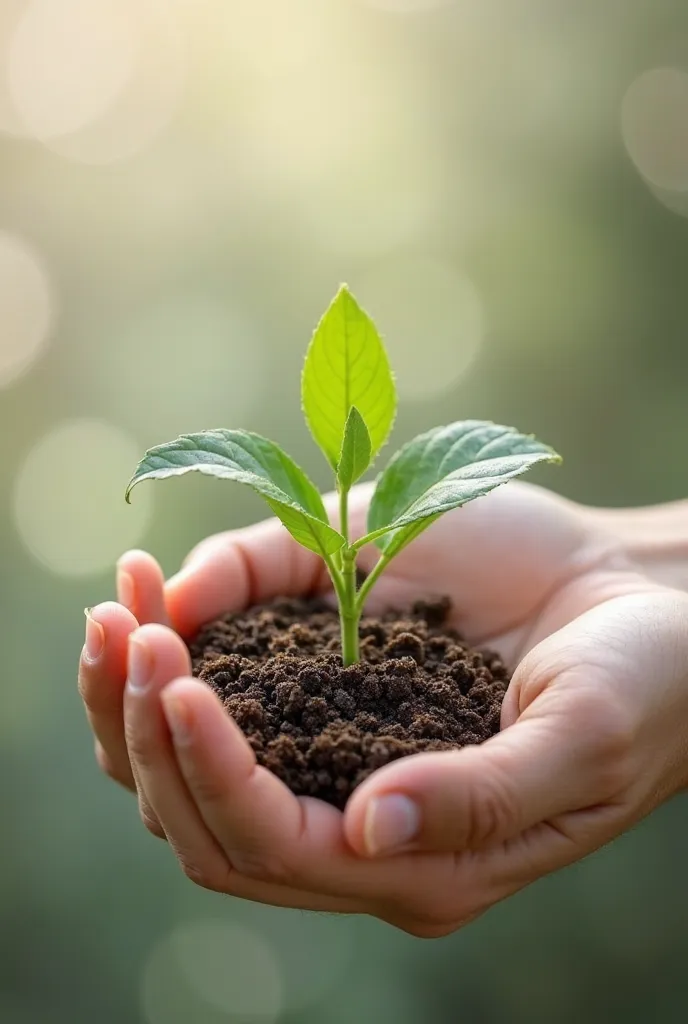 "A human hand gently holding a small amount of soil, with a vibrant green sapling sprouting from the earth. The hand is viewed directly from the front, offering a clear, straight-on perspective. The sapling is fresh and full of life, symbolizing growth and...