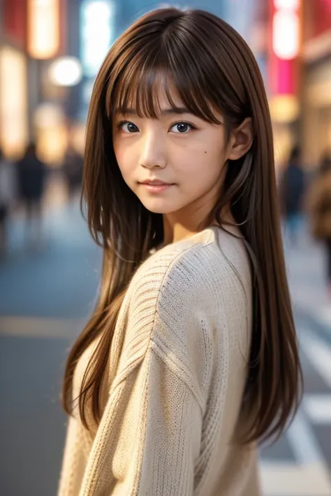 Product quality, 1 girl, (Whole body:1.3), Front shot, Front view, Young and pretty girl in Japan, At night, wearing a fashionable white knit sweater, Wearing a mini skirt, (View your audience:1.2), (Looking into the camera:1.5), ((In the city of Ginza)), ...